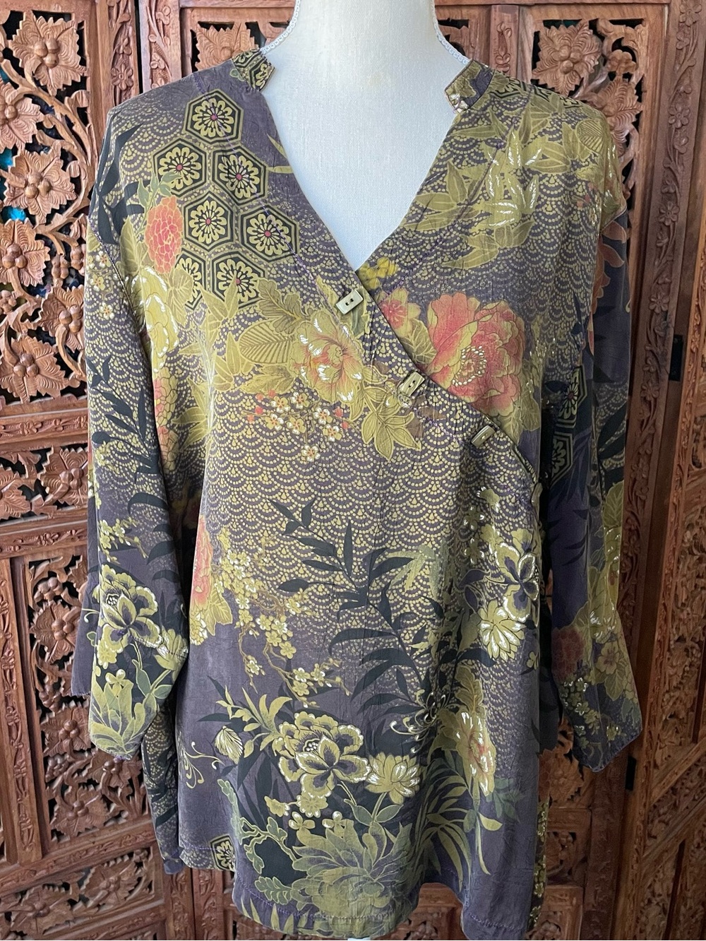 Tianello Vintage Lotus Asian Floral Wrap-Style V-Neck Top blouse Kaftan